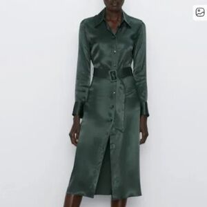 Zara Dark Green Long Sleeve Midi Satin Dress- Small